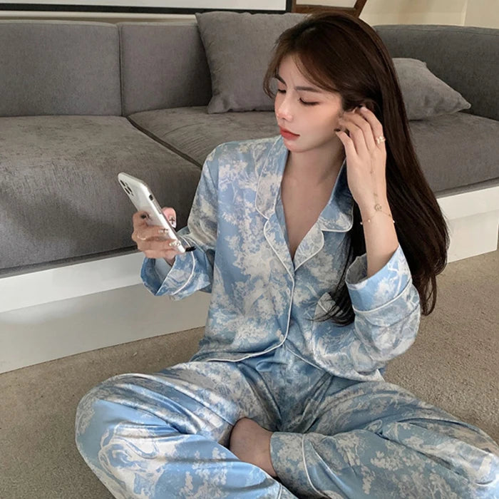 STORESDE 2026 New Ice Silk 2 Pieces Pajamas for Women Autumn Spring Women's Pajamas Set Elegant Ptinting Flower Home Wear Soft Sleepwear