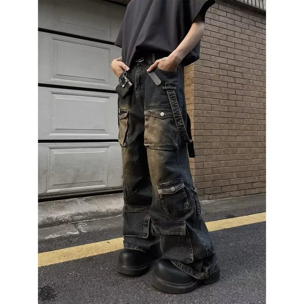 STORESDE Washed Vintage American Street Style Men's Jeans Spring Autumn Loose Straight Leg High Street Vibe Long Trousers
