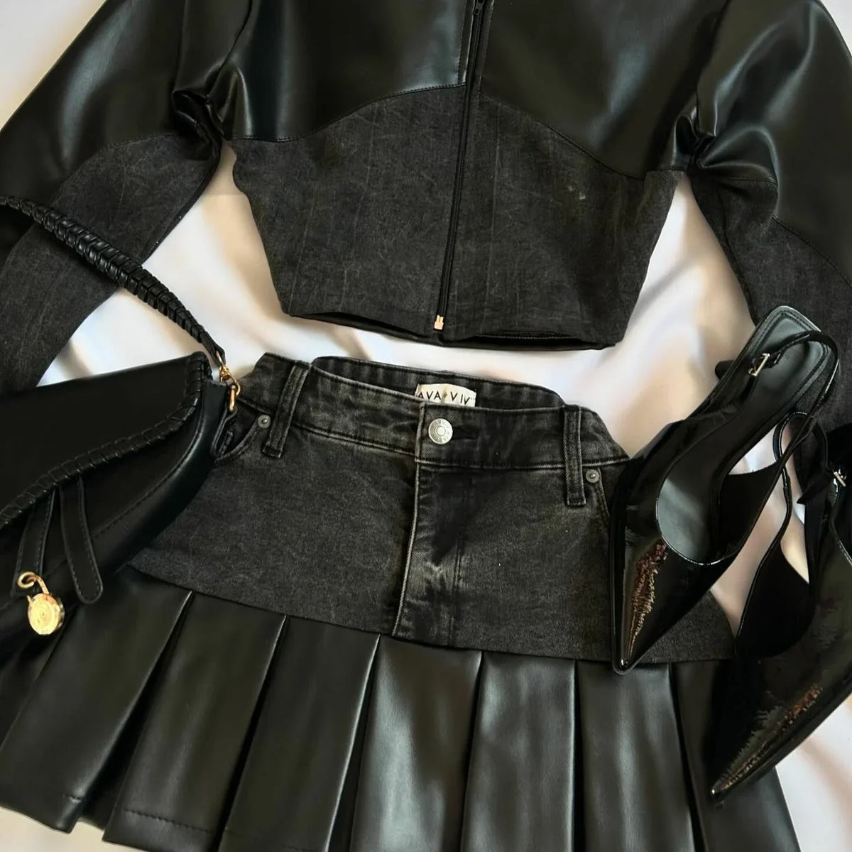 STORESDE Y2K Black Leather Spliced Denim Two Piece Set Women Harajuku Zipper Long Sleeved Jacket New Sexy Pleated Skirt Motorcycle Suit