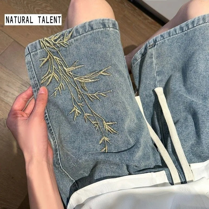 STORESDE Men's 2026 Summer Retro Washed New Chinese Style Embroidered Denim Shorts Thin Loose Plus Size Streetwear 5-Pocket Capri Pants