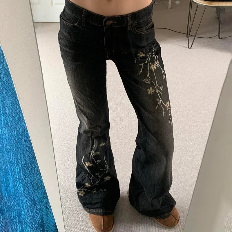 STORESDE Floral Embroidery Jeans Vintage 2000s Low Rise Flared Jeans Women Retro Y2k Baggy Denim Pants High Street Basic Trousers