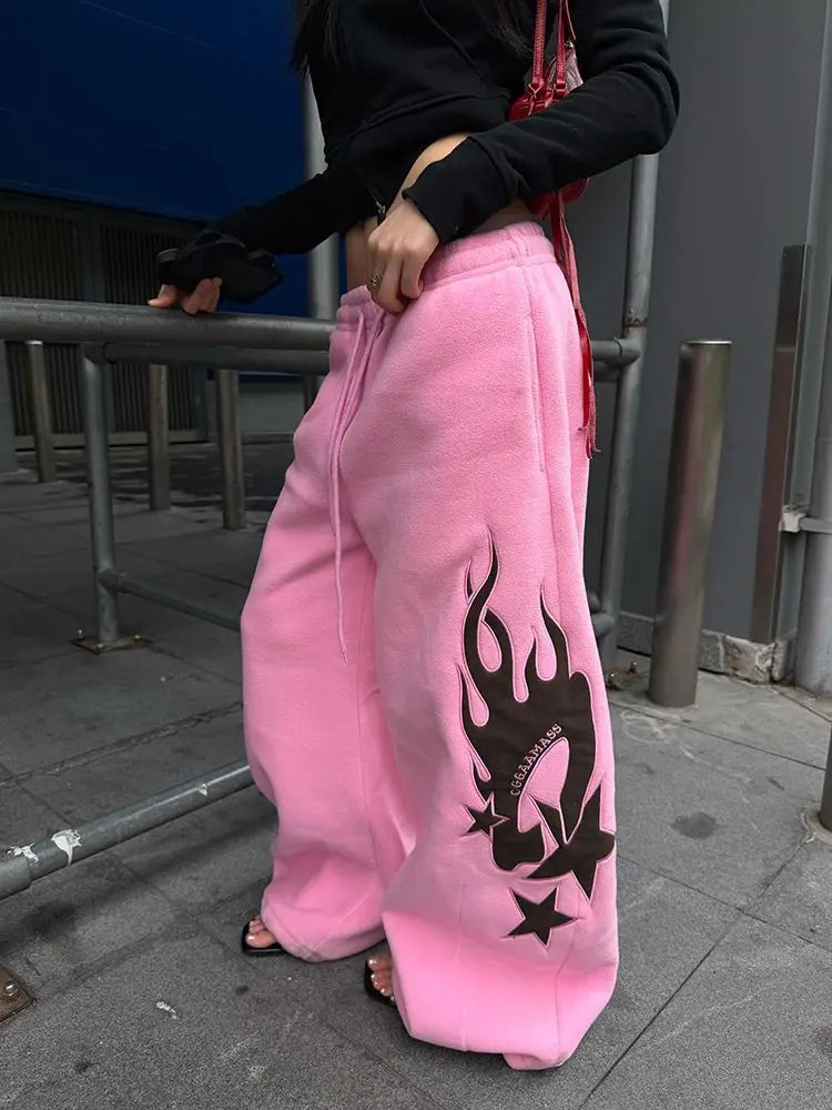 STORESDE 2025 New Autumn American Design Flame Print Drawstring Wide-leg Casual Sweatpants for Men and Women Loose Pink Fashion Trousers