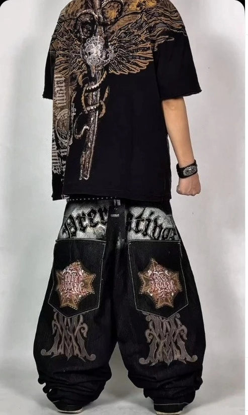 STORESDE Y2K American Jeans Mens Oversized Retro Hip-Hop Wide-Leg Pants Harajuku Trend Rock Women Straight Pants