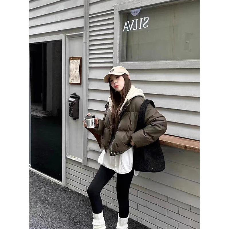 STORESDE Hooded Short Parkas Women Fashion Black Patchwork Puffer Jacket Winter Streetwear Down Coats Korean Cotton Padded Outerwears New