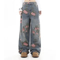 STORESDE Women's Blue Flower Baggy Jeans Y2K Japanese Harajuku High Street Aesthetic High Waist Wide Leg Retro Jeans Pants Clothing 2025