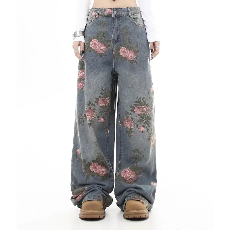STORESDE Women's Blue Flower Baggy Jeans Y2K Japanese Harajuku High Street Aesthetic High Waist Wide Leg Retro Jeans Pants Clothing 2025