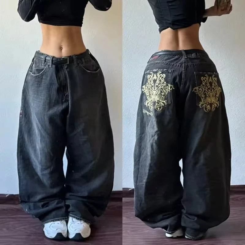 STORESDE American New Fashion Letter Embroidery Stitching Old Baggy Jeans Women Y2K Harajuku  Popular High Waist Wide Leg Trousers