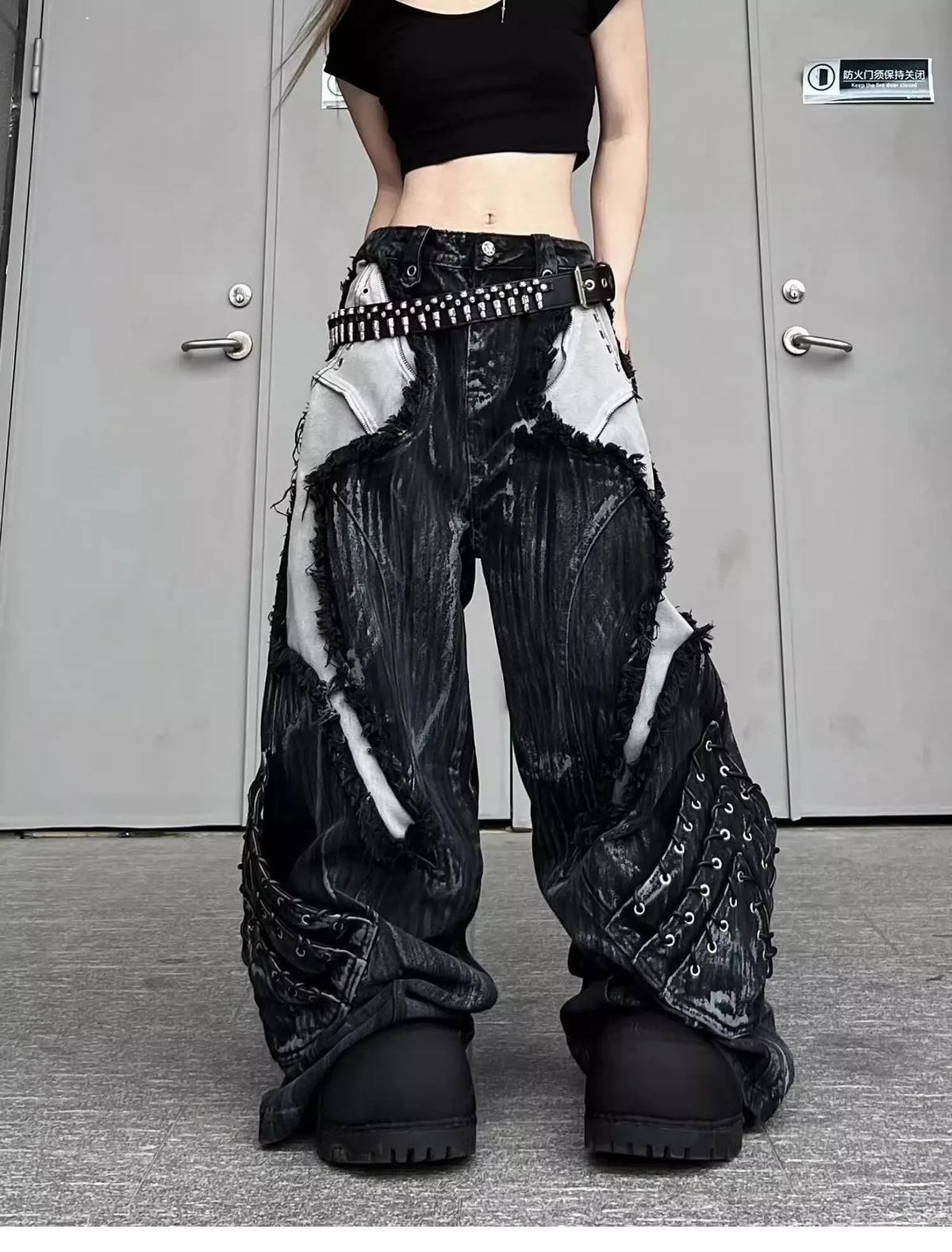 STORESDE Vintage Patchwork Distressed Jeans Hip Hop Loose Wide Leg Cargo Pants Women's Washed Distressed Denim Trousers