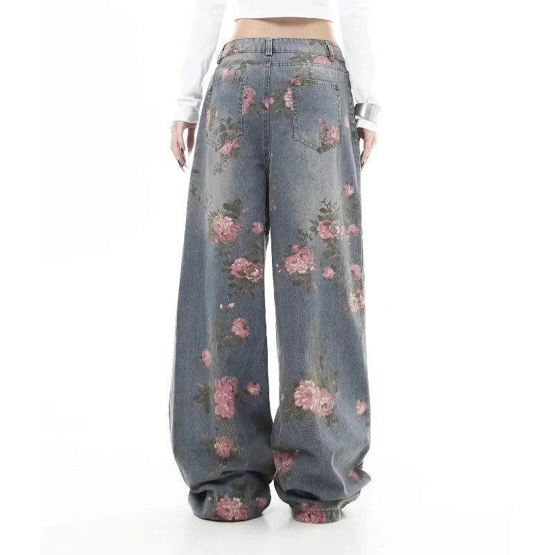 STORESDE Women's Blue Flower Baggy Jeans Y2K Japanese Harajuku High Street Aesthetic High Waist Wide Leg Retro Jeans Pants Clothing 2025