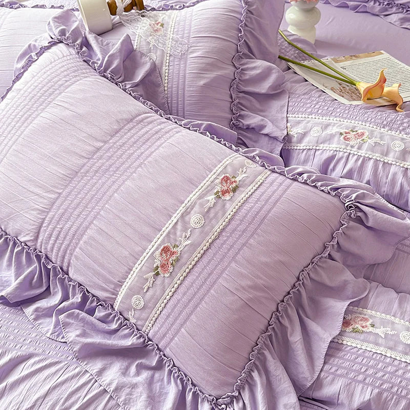 STORESDE 2Pcs Korean Princess Style Pillowcase Large Lace Ruffle Girls Home Bedroom Decorative Soft Washed Cotton Pillow Cover 48x74cm