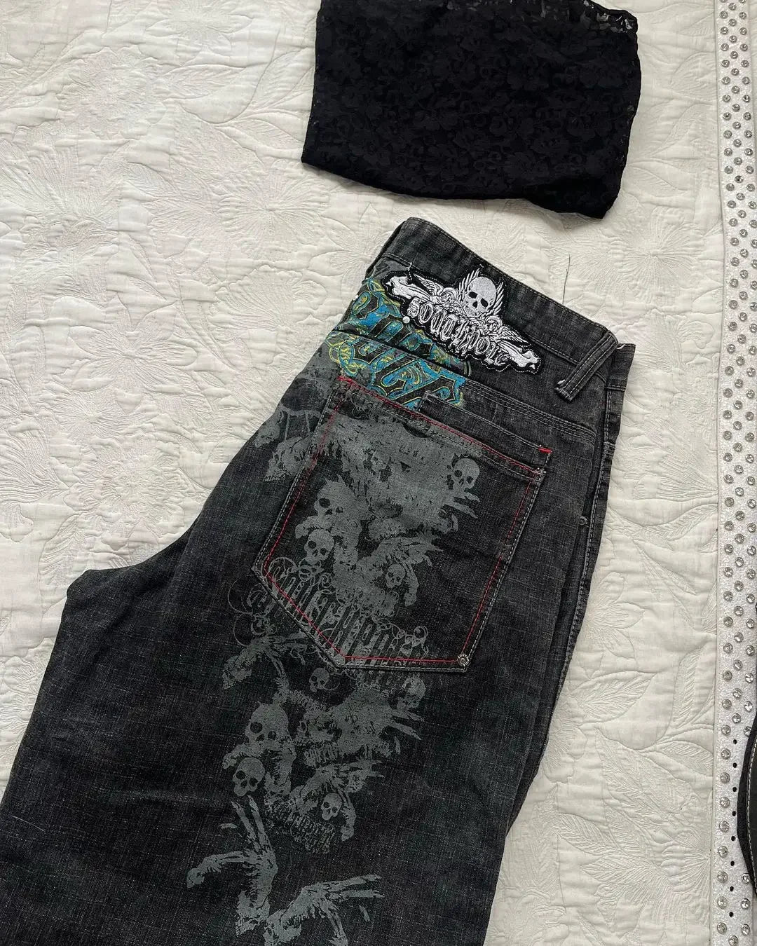 STORESDE Summer Black Skull Pattern Print Retro Men's Denim Shorts Y2K Street Jeans Sports Pants Commuting Casual Men's Wear