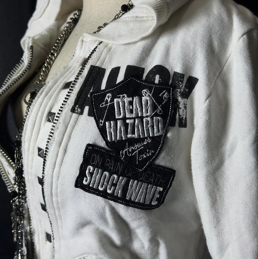 STORESDE Retro Dark Style Zipper Hoodie Y2K Clothes Mens Womens Hip Hop Skull Patch Embroidery White Oversized Sweatshirt Casual Jacket