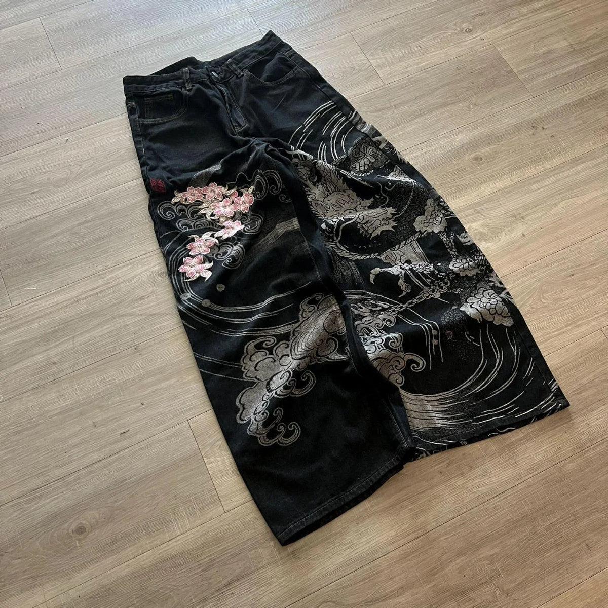 STORESDE New Black Wide Leg Denim Jeans Men Dragon Print Cherry Blossom Embroidery Vintage Washed Loose Harajuku Streetwear Casual Pants