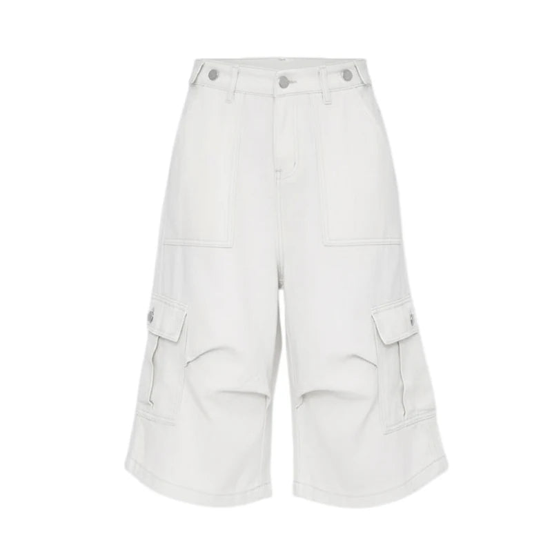 STORESDE PBAP White Cargo Jean Shorts Women Big Pockets Casual Wide Leg Pleats Adjust Waist Baggy Bermuda Pants Hiphop Vintage Streetwear