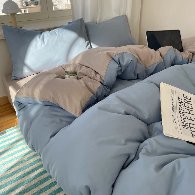 STORESDE Cotton Bedding Set 4pcs with Solid Bed Sheet Duvet Cover Pillowcases Single Couple Bedsheet King Queen Double Twin Size