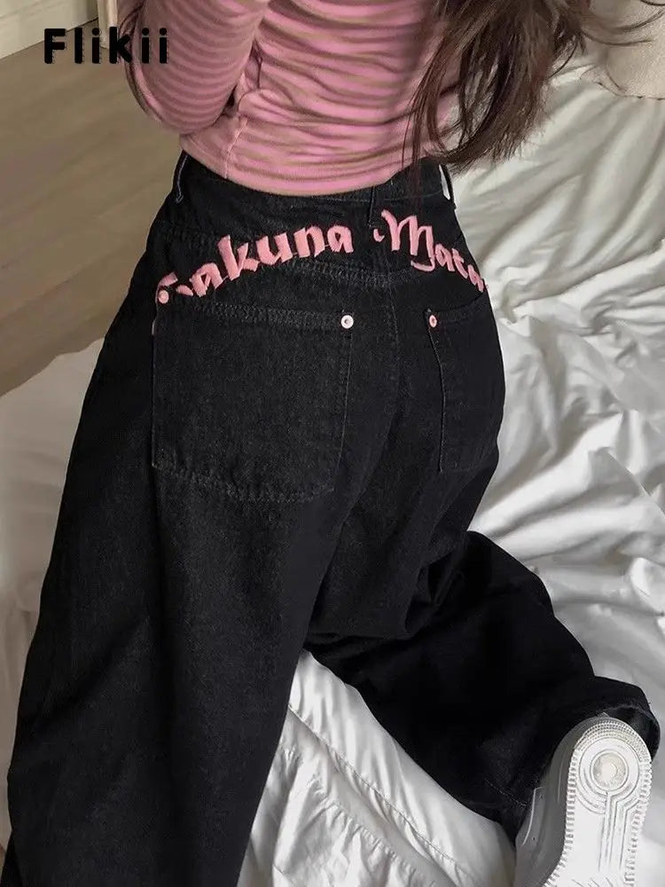 STORESDE Women's Sweet Casual Full Length Baggy Denim Trouser Retro Emo Harajuku Loose Jeans Letter Embroidery High Waist Y2K 2000s Pants