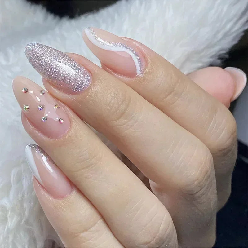 STORESDE 24Pcs Mid-length Almond Ballet False Nails Simple Cat Eye Design Press on Fake Nail Wearable Full Cover Nail Tips Manicure Tools