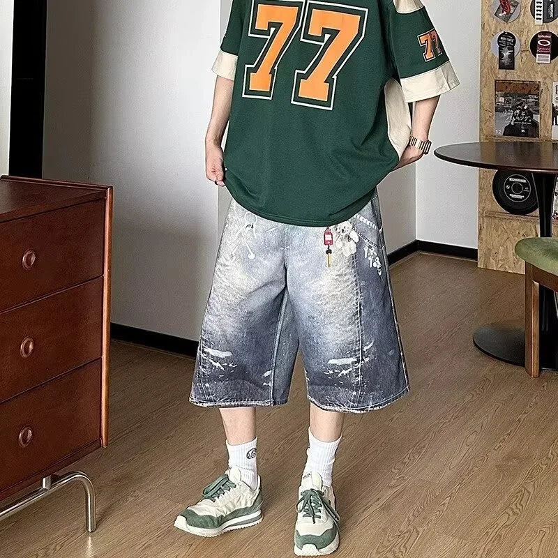 STORESDE 2025 New Men's Retro Bear 3D Printed Denim Shorts Hip Hop Fashion Straight Wide-leg Jorts High Street Y2K Baggy Bermuda Jeans