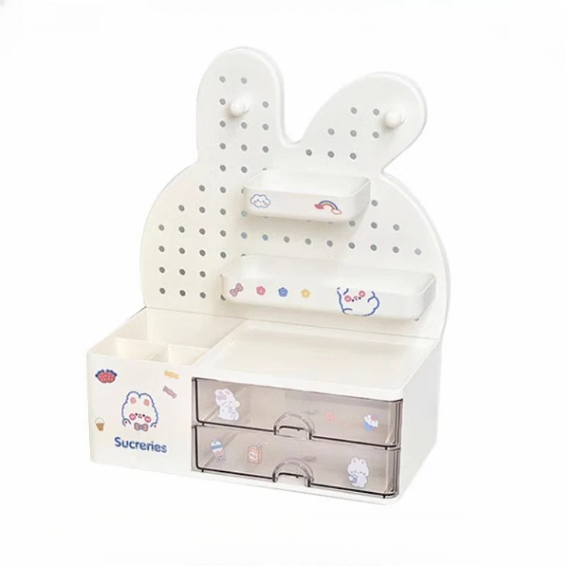 STORESDE Desktop Hole Board Storage Box Desk Organizer Girls Cute Pen Holder Storage Stationary Rack Korean Kawaii Bunny Cosmetic Shelf