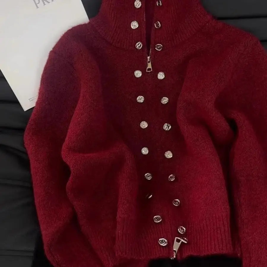 STORESDE Luxury Fluffy Knitted Cardigan Sweater Design Double Breasted Sweater Coat Women Autumn High-end Lazy Zipper 2000s Y2k Knit Top
