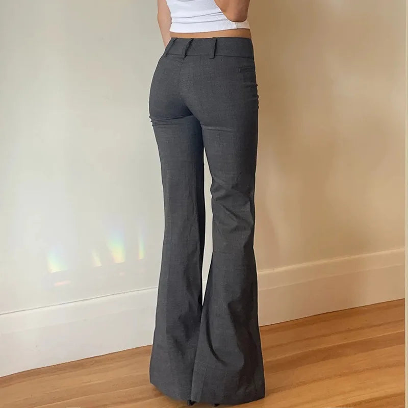 STORESDE Lucyever Grey Low Waisted Flared Pants Female Y2K High Street Retro Wide Leg Trousers Fashion Slim Pocket Office Lady Suit Pants