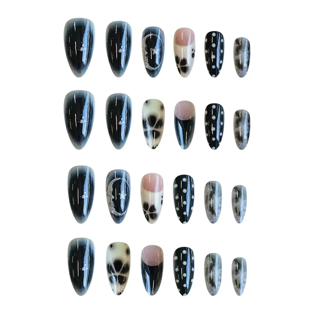STORESDE 24pcs Smudging Flower Press On Nails Wave Point Designs French Style Almond False Nails Y2k Sweet Cool Fake Nail For Spicy Girls