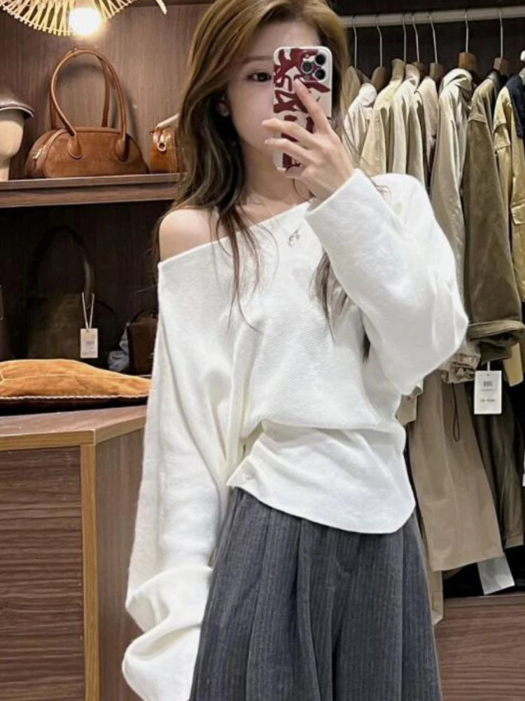 STORESDE Korean Vintage Off Shoulder Solid Sweaters Women Grunge Casual Streetwear Knitted Pullovers Loose Y2k Aesthetic Jumpers Females