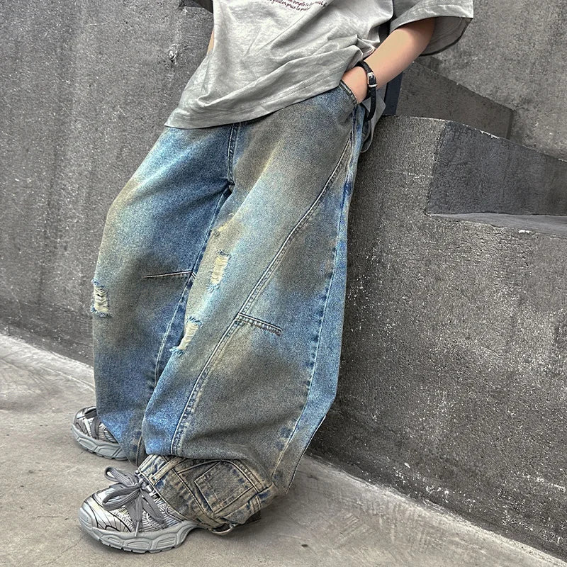 STORESDE American Tween Girl High Fashion Distressed Wide Leg Banana Jeans for Child Luxury Denim Pants Kids Dirty Washed Jeans Trousers