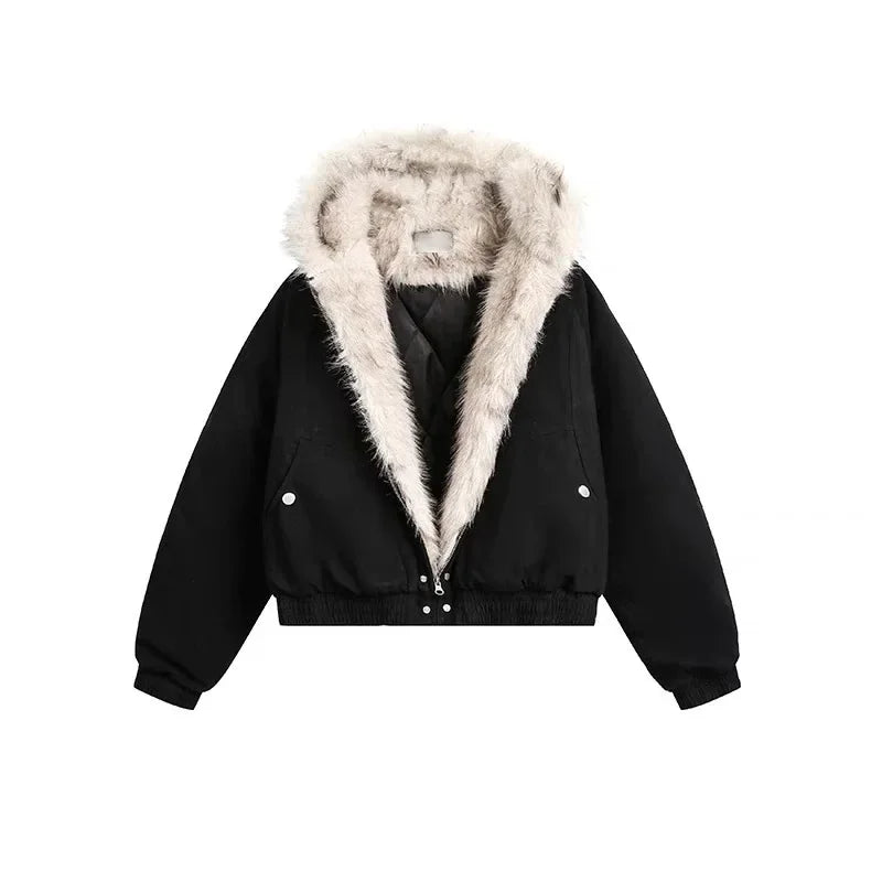 STORESDE Y2K American Black Retro Wool Collar Thickened Cotton Jacket Men And Women Fashion Punk Vintage Streetwear Loose Casual Jackets