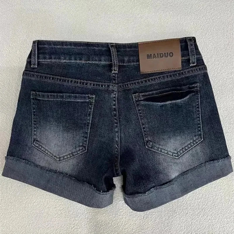 STORESDE Retro Roll Up Hem Deep Blue Denim Shorts Women Summer Sexy Low Rise Hip Covering Hot Pants American Distressed Washed Jean Short