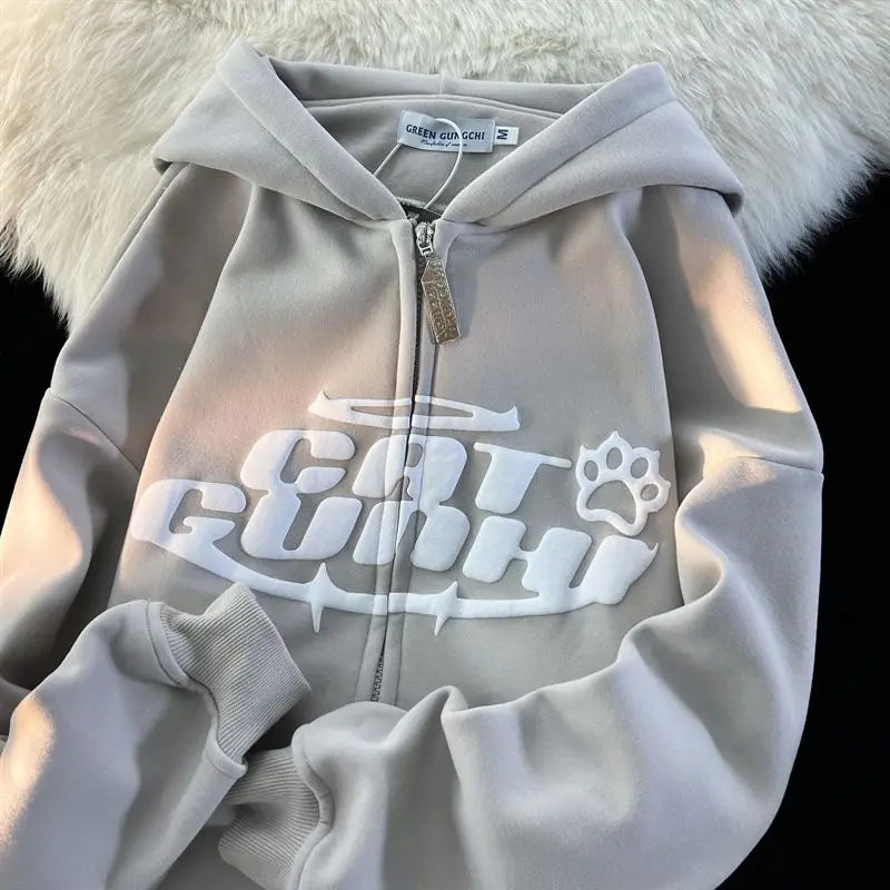 STORESDE Y2K American Letter Printed Zip-up Hoodies Women Street Fashion Harajuku Style Sweatshirt Couple Casual Loose Plus Velvet Hoodie