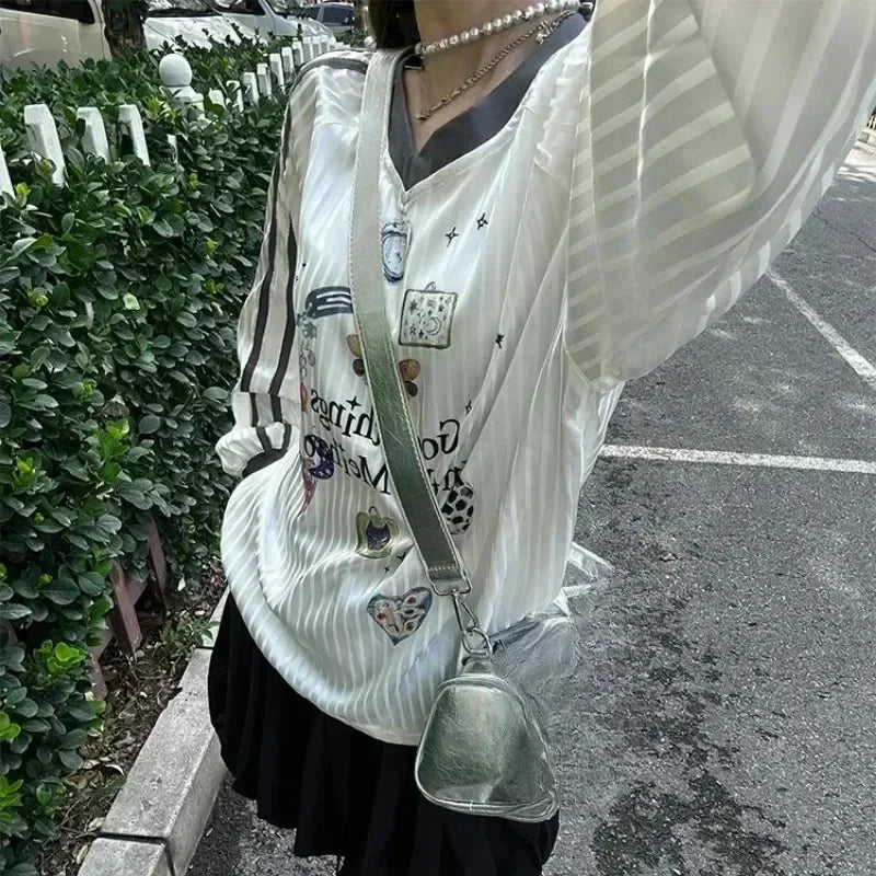STORESDE Korean Y2k Butterfly Print T-shirts for Women Translucent Striped V Neck Long Sleeve Tee Shirt American Retro Oversize Clothes