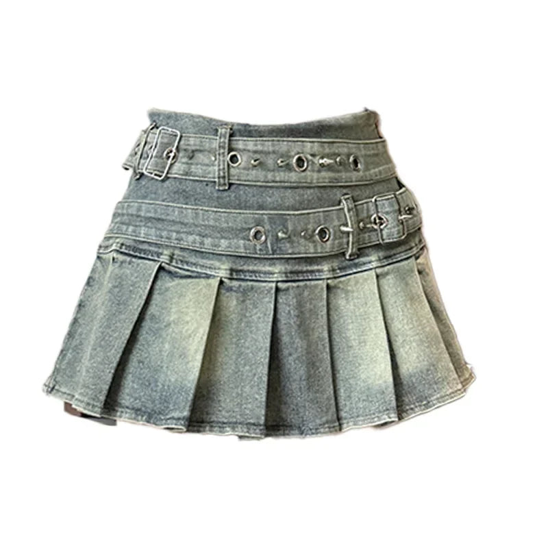 STORESDE Women's Denim Skirt with Studded Belt Low Rise Pleated Mini Skirt Blue Black Jean Skirts Alt Girls Y2K Punk 90s