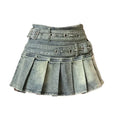 STORESDE Women's Denim Skirt with Studded Belt Low Rise Pleated Mini Skirt Blue Black Jean Skirts Alt Girls Y2K Punk 90s