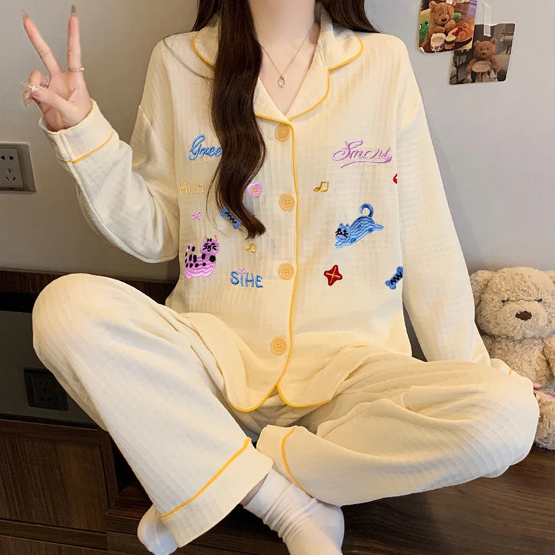 STORESDE Embroidery Letter Cute Cartoon Women's Pajamas Fashion Warm Autumn Winter New Sleepwear Sweet Kawaii Lapel Neck Pajama Sets