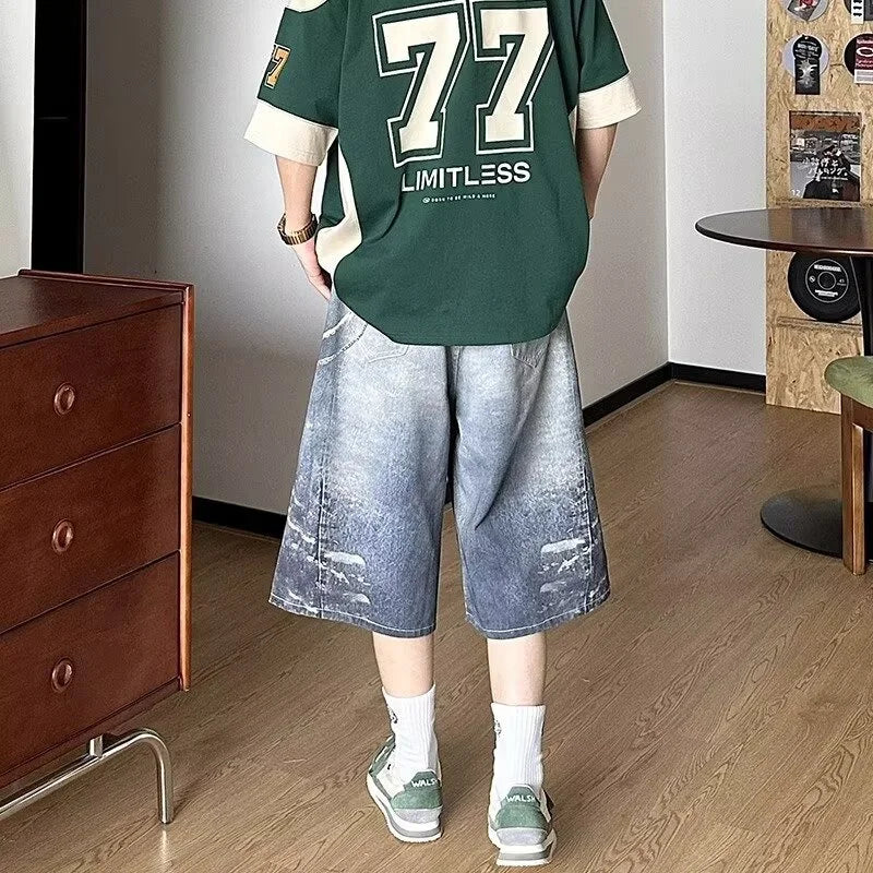 STORESDE 2025 New Men's Retro Bear 3D Printed Denim Shorts Hip Hop Fashion Straight Wide-leg Jorts High Street Y2K Baggy Bermuda Jeans