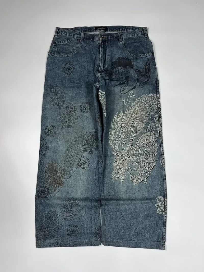 STORESDE Japanese Dragon Knitted Jeans Men Women Baggy Fit High Street Urban Casual Trendy Fashion Hip Hop Streetwear Daily Wear Style