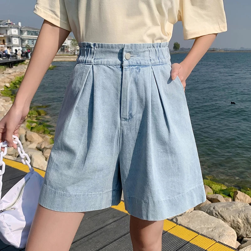 STORESDE Casual Plus Size Summer Denim Shorts Woman Loose Wide Leg Jean Baggy Shorts Women Cotton Ealstic Waist Short Pants Bermuda Femme