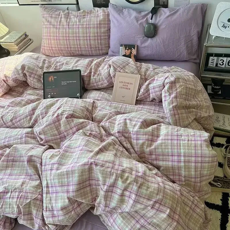 STORESDE Bedding Set Ins Ambiance Blue Coffee Grid Mixed With Washed Cotton Minimalist Four Piece Set Fitted Sheets Duvet Cover