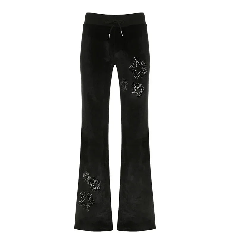 STORESDE Rhinestones Star Velvet Flared Pants Y2K Aesthetic High Waist Baggy Sweatpants Jogging Casual Basic Boot Cut Trousers