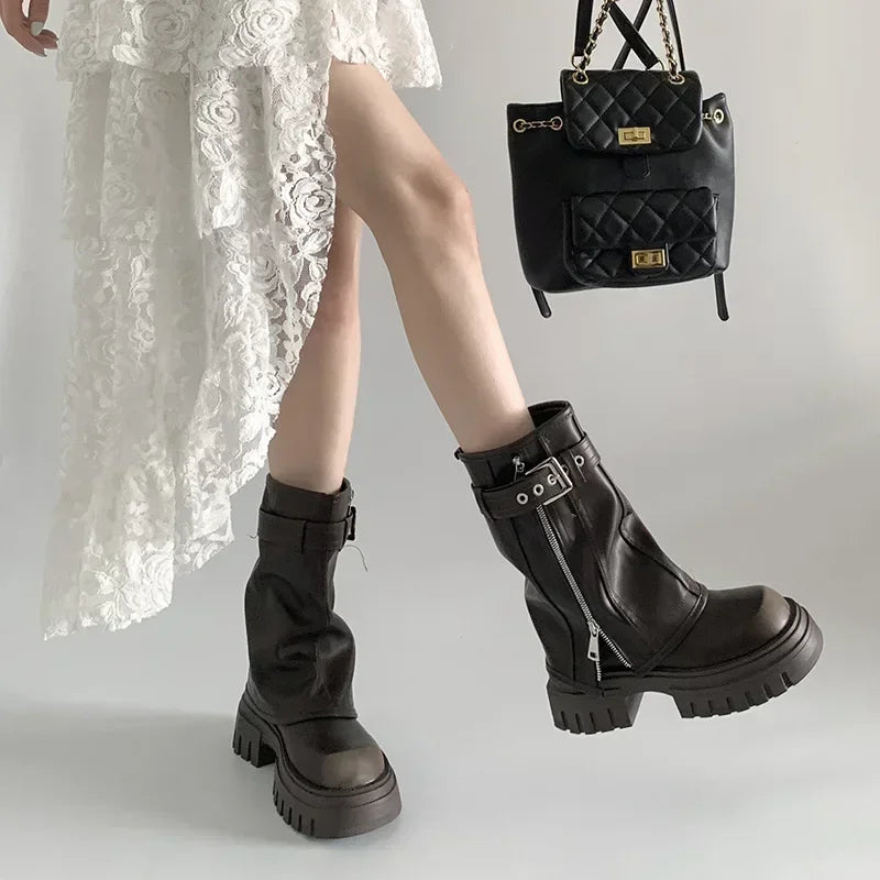 STORESDE Winter Women Biker Boots Fashion Belt Buckle Ladies Elegant Platform Long Pipe Booties Casual Women's Knee High Booties2026