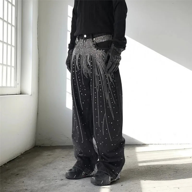 STORESDE Autumn Winter High Street Denim Pants Men's Retro Full Diamond Hot Stamping Hip-hop Loose Straight Leg Wide Leg Streetwear Jeans