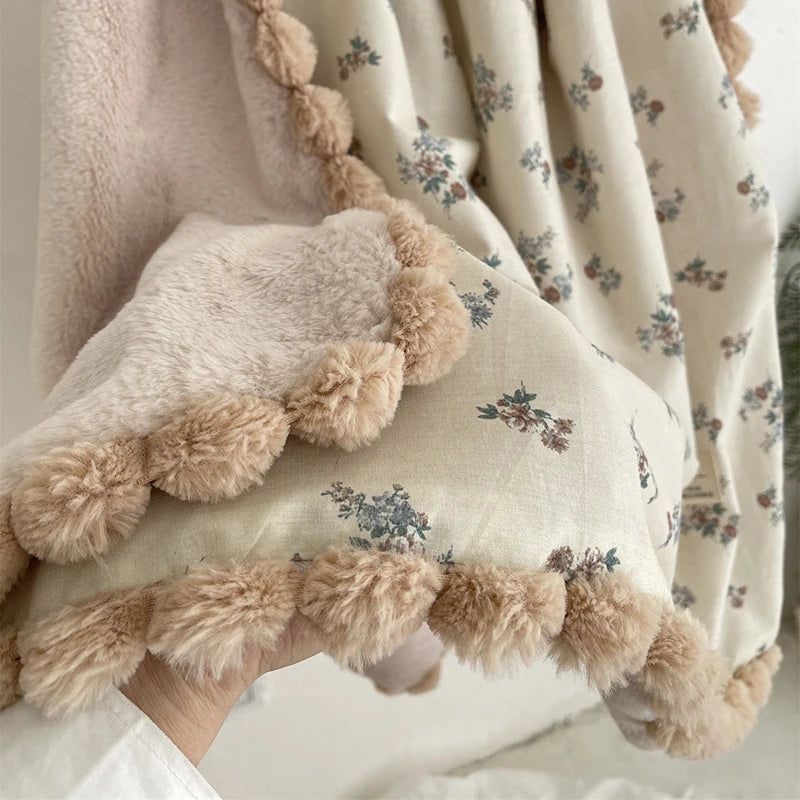STORESDE 90X130cm Warm Winter Baby Blanket Pompom Blush Sprigs and Blooms Minky Blanket Floral Baby Blanket Quilt Bedding Cover