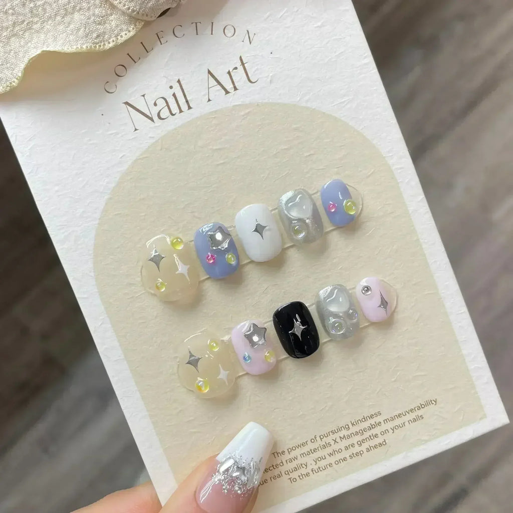 STORESDE 10Pcs Cute Handmade Press on Nails Short Korean Fake Nails with 3D Star Moon Nail Art Rhinestone Heart Artifical False Nails Art