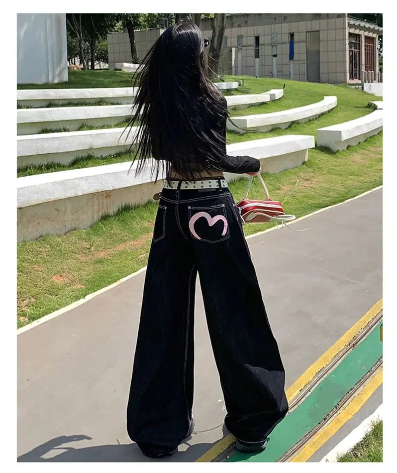 STORESDE Women's Pink Heart Print Denim Straight Leg Jeans Loose Casual Floor-Length Long Pants Ladies Loose Fit Original Style