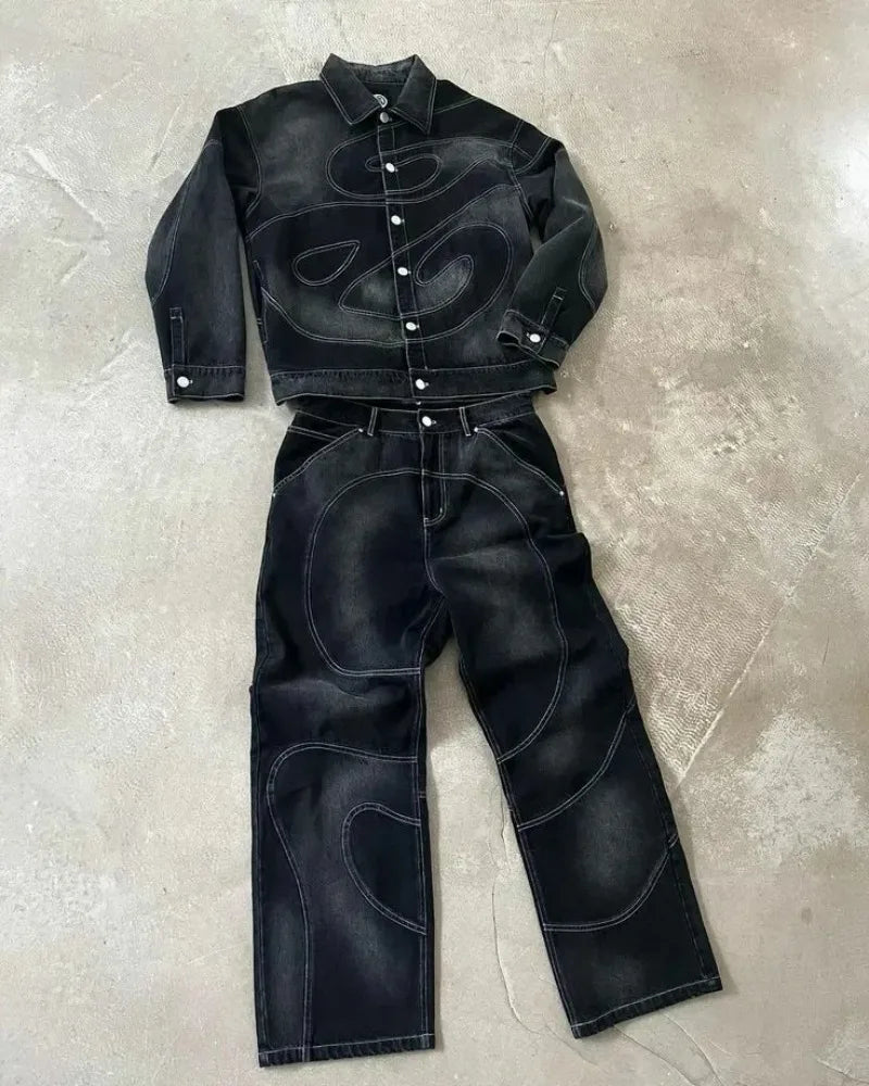 STORESDE Patch Jeans Retro Striped Embroidered Jacket Two-Piece Set Y2k Suit Men's Harajuku hiphop Embroidered Loose Jeans Old Jacket