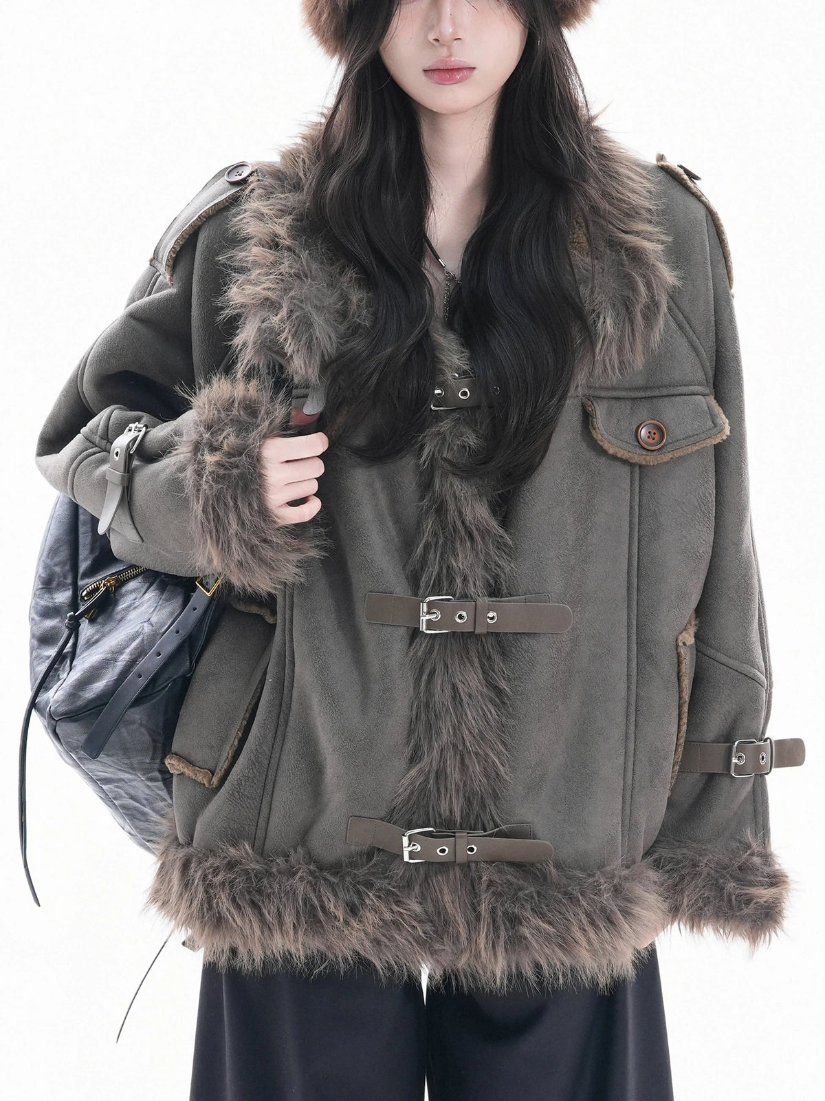 STORESDE Women Parkas 2026 New Autumn Winter Furry Lapel Suede Cotton Coat Retro Barn Button Front Warm Padded Jacket Cold Outerwear