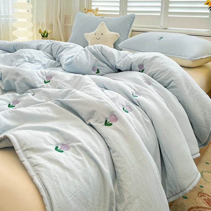 STORESDE Summer new tulip embroidered summer quilt household solid color air conditioner quilt, no pillowcase
