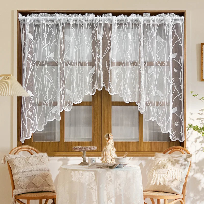 STORESDE 1pc Lace Bird Short Curtians for Kitchen Cafe Study Room Spring Pastoral Half Sheer Small Window Valance Drapes