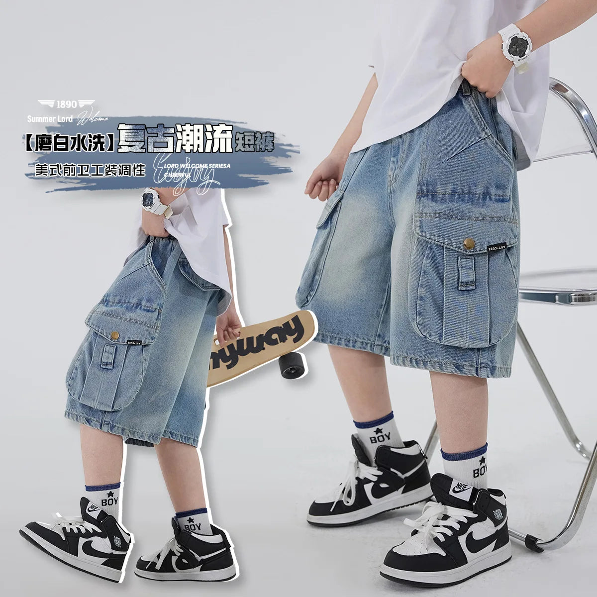 STORESDE Boys' Workwear Denim Shorts Summer 2026 New Teenage Children's Pocket Design Outdoor Wear Loose Jeans Big Kids Mid-Pants